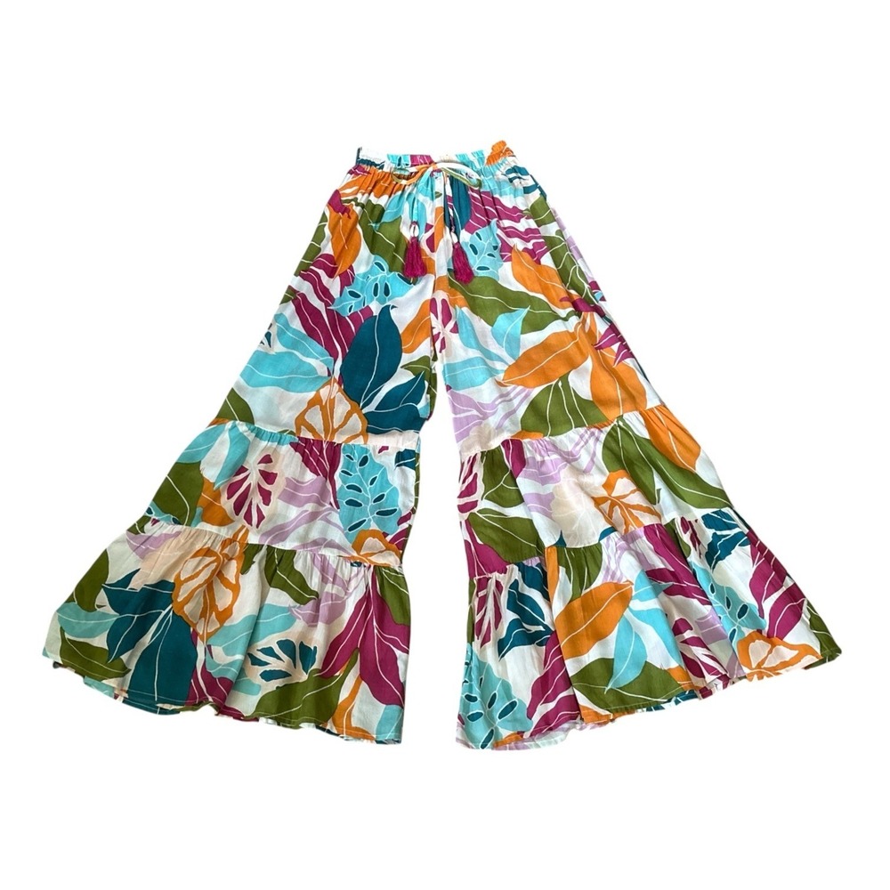 True Destinations 100% Rayon Tropical Wide Leg Tiered Ruffle Hem Pants, XS,Beach